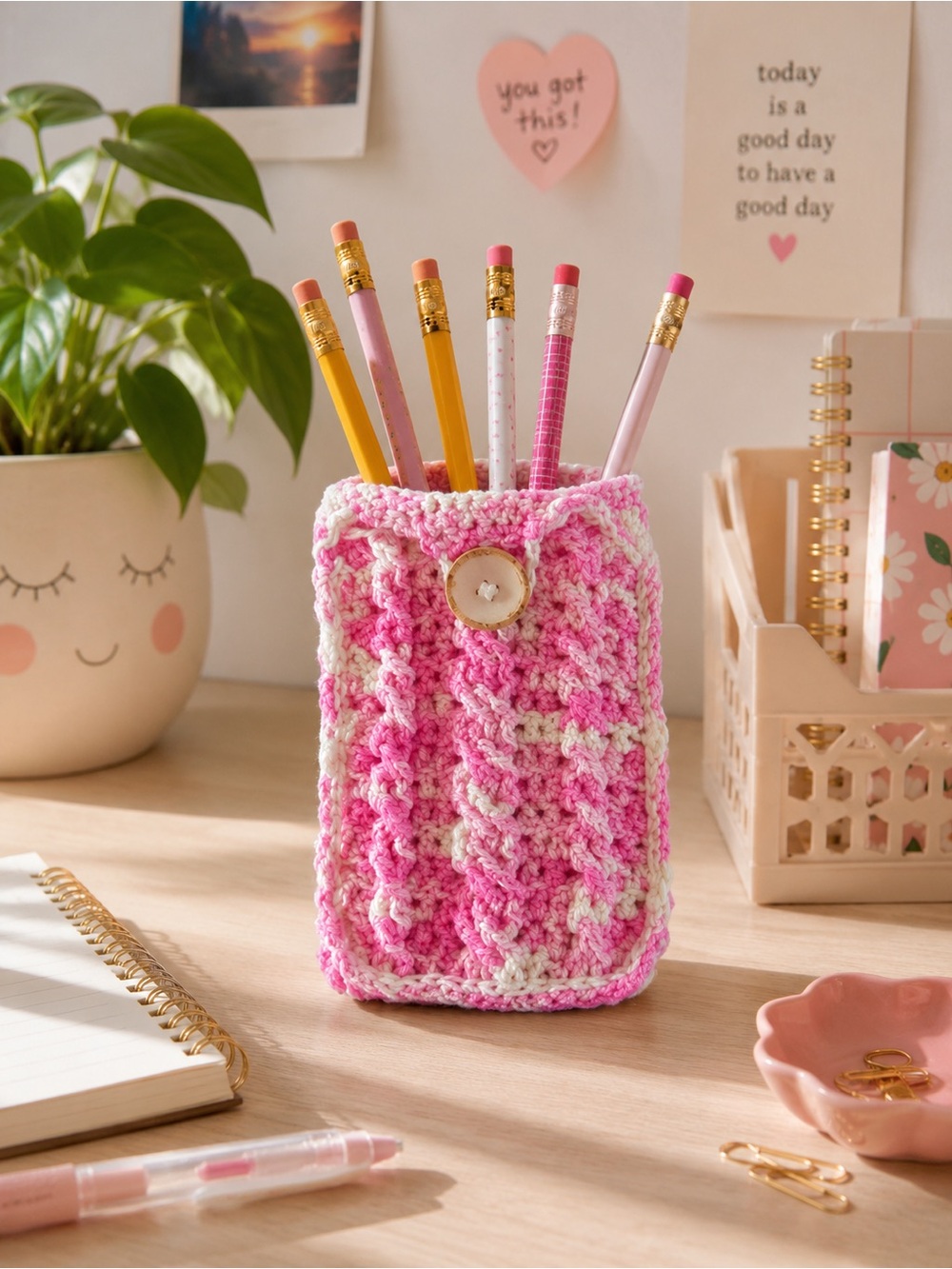 Handmade Pink Cream Crochet Pencil Holder with Button